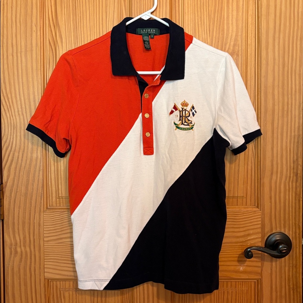 Ralph Lauren Polo Shirt Color Block Crest Logo Gold Button Short‎ Sleeve Size M